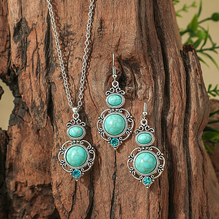 Bohemian Ethnic Style Zinc Alloy & Synthetic Turquoise Pendant Necklaces & Dangle Earrings Sets WG7E01E-05-1