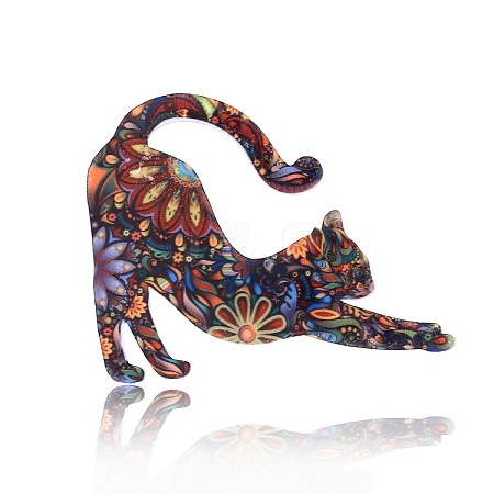 Acrylic Flower Print Cat Brooch PW-WG60493-02-1