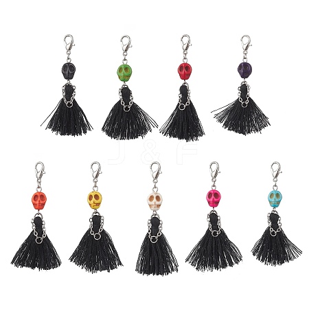 Dyed Synthetic Turquoise Halloween Skull & Polycotton Tassel Pendant Decorations HJEW-JM03899-1