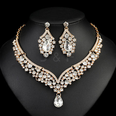 Teardrop Alloy Rhinestone Pendant Necklaces & Stud Dangle Earrings Sets FS-WGBD9B5-06-1