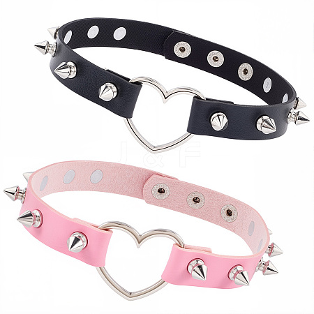 2Pcs 2 Colors Adjustable Gothic PU Leather Alloy Heart Spike Rivet Heart Choker Necklaces for Women NJEW-CL0001-17B-1