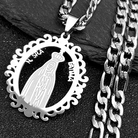 Ring with Virgin Mary 201 Stainless Steel Pendant Necklaces for Men Women NJEW-K283-23P-1