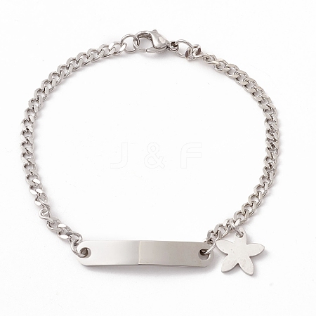 Tarnish Resistant 201 Stainless Steel Rectangle & Star Charm Bracelet with Curb Chain for Women STAS-P304-19P-1