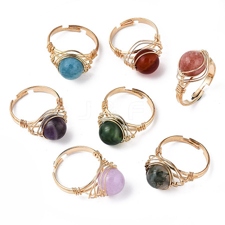 Adjustable Natural & Synthetic Gemstone Round Finger Rings RJEW-T020-01KC-1