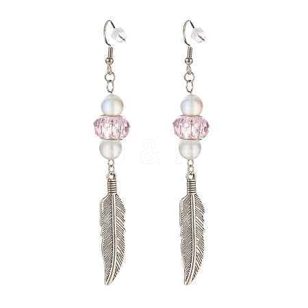 Feather with Round Beads Long Dangle Earrings for Girl Women EJEW-JE04681-03-1