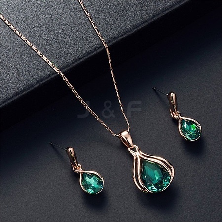 Teardrop Alloy Glass Pendant Necklaces & Stud Dangle Earrings Sets for Women WGD12E0-01-1