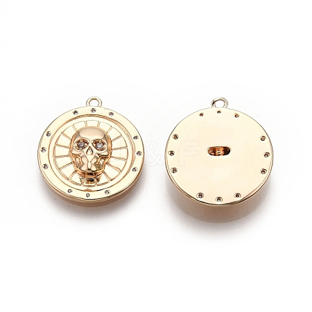 Flat Round with Skull Pattern Brass Micro Pave Clear Cubic Zirconia Pendants KK-G436-21G-1