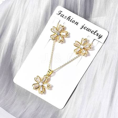 Flower Brass Micro Pave Cubic Zirconia Stud Earrings & Pendant Necklaces Sets SJEW-Z002-02G-1