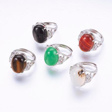Adjustable Oval Natural Gemstone Finger Rings RJEW-P059-J-1