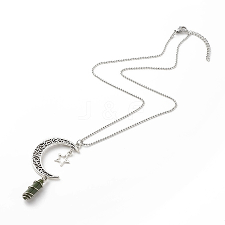 Natural Chinese Southern Jade Bullet with Alloy Moon and Star Pendant Necklace NJEW-JN03912-06-1