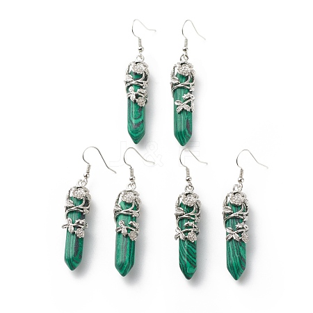 Synthetic Malachite Bullet with Flower Dangle Earrings EJEW-G300-02P-11-1