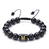 10MM Natural Black Onyx(Dyed & Heated) and Tiger Eye Alphabet Round Braided Bead Adjustable Bracelets for Women DM6424-13-1