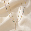 Colorful Natural Mixed Stone and Imitaiton Pearl Beaded Double Layered Necklaces with Stainless Steel Religion Cross Pendant MK2269-2
