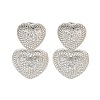 Heart Brass Pave Clear Cubic Zirconia Dangle Stud Earrings EJEW-M258-27P-1