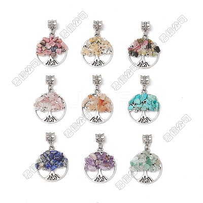 36Pcs 9 Styles Mixed Stone Chip Beaded Alloy Tree of Life European Dangle Charms PALLOY-ME00029-1