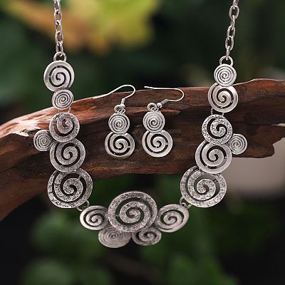 Round Spiral Hollow Out Alloy Pendant Necklaces & Dangle Earrings Sets WGCCFFB-01-1