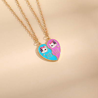 2Pcs Cute Alloy Enamel BFF Cat Heart Pendant Necklaces for Women FS-WG9A306-01-1
