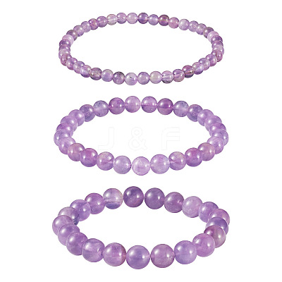 3Pcs Natural Amethyst Beads Stretch Bracelets for Women BJEW-TAC0033-1