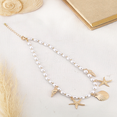 1Pc Alloy Starfish Shell Shape Charm White Round ABS Plastic Imitation Pearl Beaded Necklaces NJEW-LP0007-38-1