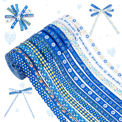 12 Rolls 12 Colors Hanukkah Polyester Printed Grosgrain Ribbon OCOR-PH0005-50-1