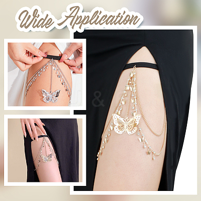 2Pcs 2 Colors Alloy Sexy Elastic Multilayer Tassel Butterfly Leg Chain AJEW-HY0002-21-1