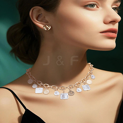 1Pc Alloy Coin & ABS Plastic Imitation Pearl Square Bib Necklaces NJEW-LP0009-38-1