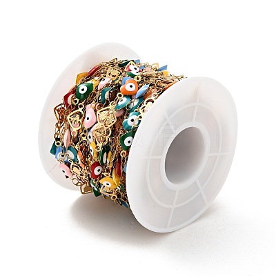 Ion Plating(IP) Stainless Steel Heart Link Chains with Colorful Enamel Evil Eye CHS-C005-02G-1