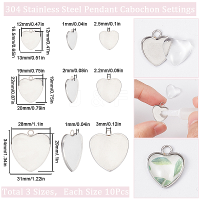30Pcs 3 Styles 304 Stainless Steel Pendant Cabochon Settings STAS-SC0006-16-1