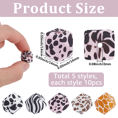 50Pcs 5 Styles Colorful Pattern Printed Silicone Focal Beads SIL-SP0001-24-1