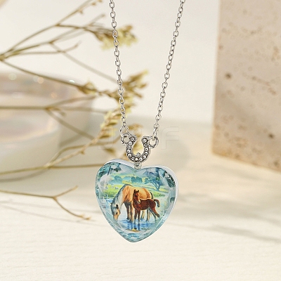 Heart with Horse Pattern Glass Pendant Necklaces PW-WGF1C5C-04-1
