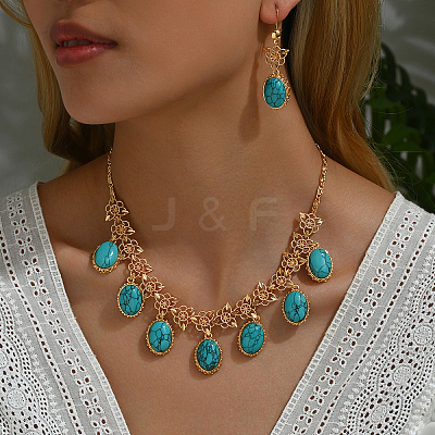 Middle Eastern Synthetic Turquoise & Alloy Oval Pendant Necklace & Earrings Sets for Wedding AL5666-1