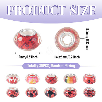 30Pcs Printed Transparent Resin European Beads RESI-TADJ0001-03G-1