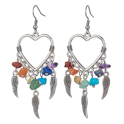 Alloy Heart & Feathter Woven Net Chandelier Earrings EJEW-JE05423-1