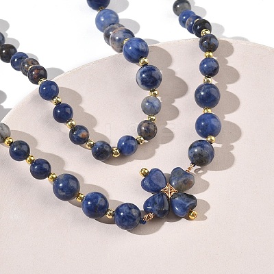 Saint Patrick's Day Natural Sodalite Clover Pendant Round Beaded Necklaces with Brall Heart OT Clasps NJEW-G202-02G-05-1