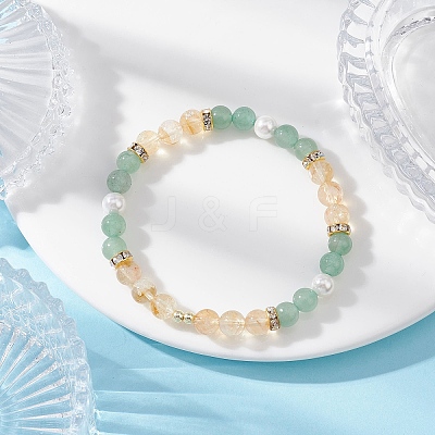 Natural Green Aventurine & Citrine & Shell Pearl Round Beads Stretch Bracelets for Women BJEW-JB12229-01-1