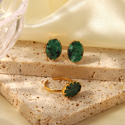Simple Fashion Oval Natural Gemstone Cuff Ring & Stud Earrings Sets FJ0453-1-1