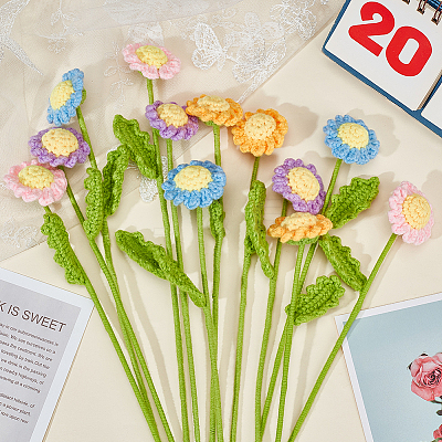 12Pcs 4 Colors Crochet Cotton Flower Ornaments with Iron Wire AJEW-FG0002-93-1