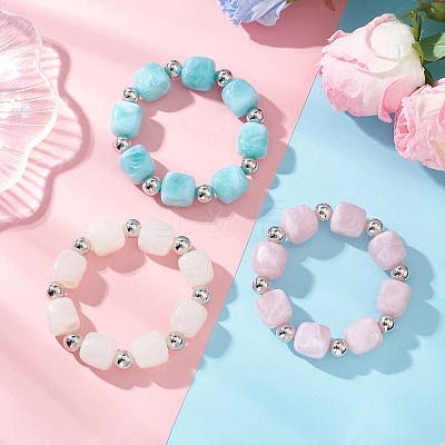 3Pcs Two Tone Acrylic & CCB Plastic Cuboid Beaded Stretch Bracelets for Women BJEW-JB13302-02-1