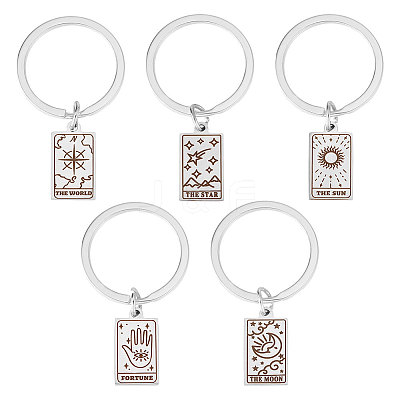 5Pcs 5 Style Rectangle with Tarot 316 Stainless Steel Pendant Keychains KEYC-UN0001-13P-1