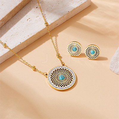 304 Stainless Steel & Synthetic Turquoise & Rhinestone Stud Earrings & Pendant Necklaces Sets FS-WG392A2-01-1