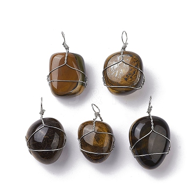 Natural Tiger Eye Copper Wire Wrapped Pendants G-C110-06C-P-1
