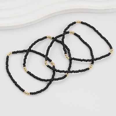 Brass & Black Glass Seed Beaded Stretch Bracelet Sets GV0095-1