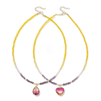 2Pcs 2 Styles Violet K9 Glass Teardrop Heart Pendant Colorful Electroplated Glass Faceted Rondelle Beaded Necklaces NJEW-JN05753-1