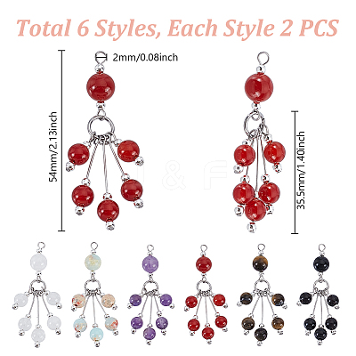 12Pcs 6 Styles Mixed Stone Round Tassel Big Pendants PALLOY-PHE00009-1