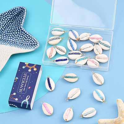 24Pcs 4 Colors Natural Cowrie Shell & Glass Seed Beads Copper Wire Wrapped Pendants FIND-SC0019-11-1