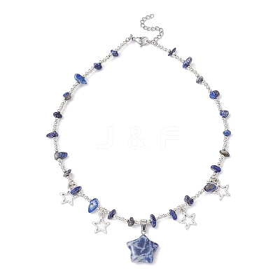 Natural Blue Spot Jasper & Alloy Star Charms Bib Necklace with Chips Beaded Chains NJEW-JN04512-01-1