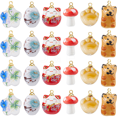 24Pcs 6 Styles Porcelain Pendants PALLOY-FH00169-1