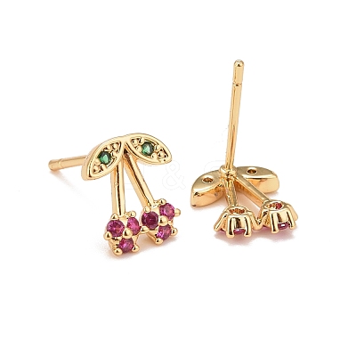 Hot Pink Cubic Zirconia Cherry Stud Earrings EJEW-G288-27G-1