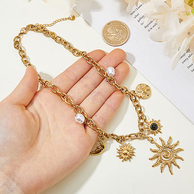 1Pc 304 Stainless Steel Resin & Plastic Pearl Sun Pendant Bib Necklaces NJEW-HS0001-24-1