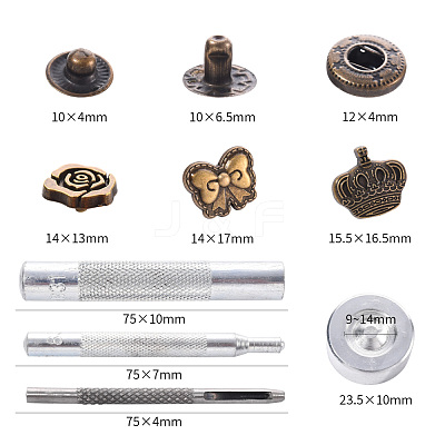 18 Sets Crown & Bowknot & Rose Flower Brass Leather Snap Buttons Fastener Kits SNAP-YW0001-05AB-1